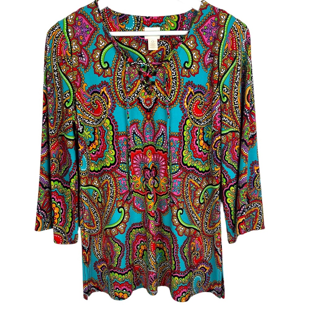 CHICOS Womens 0/4/S Multicolor Retro Paisley Print Top Blouse Criss Cross Tie